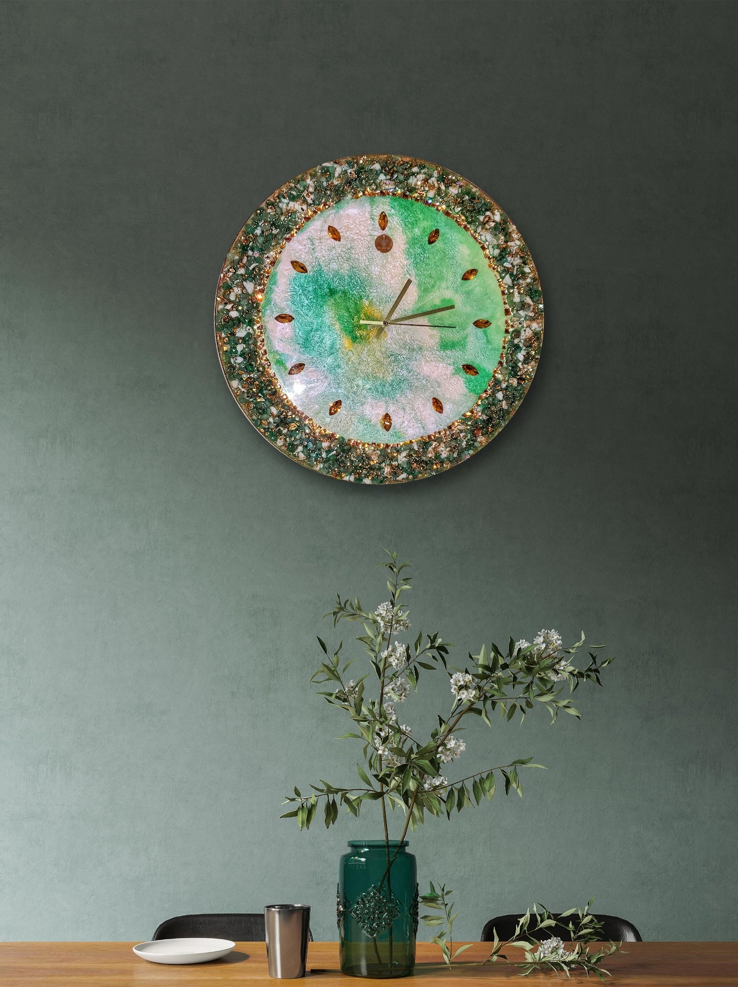Green luxury wall clock with natural stones and crystals
