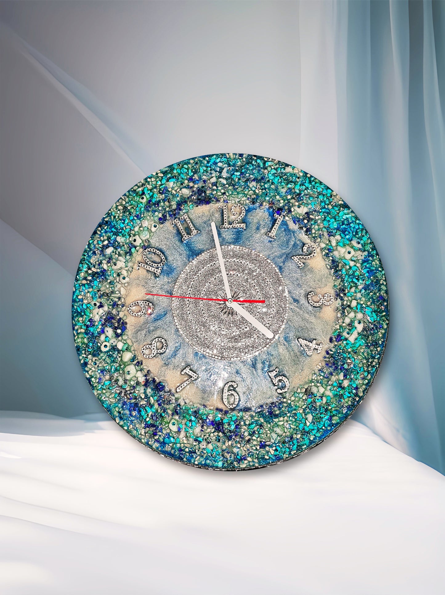 Sparkling blue wall clock, luxury exclusive home decor