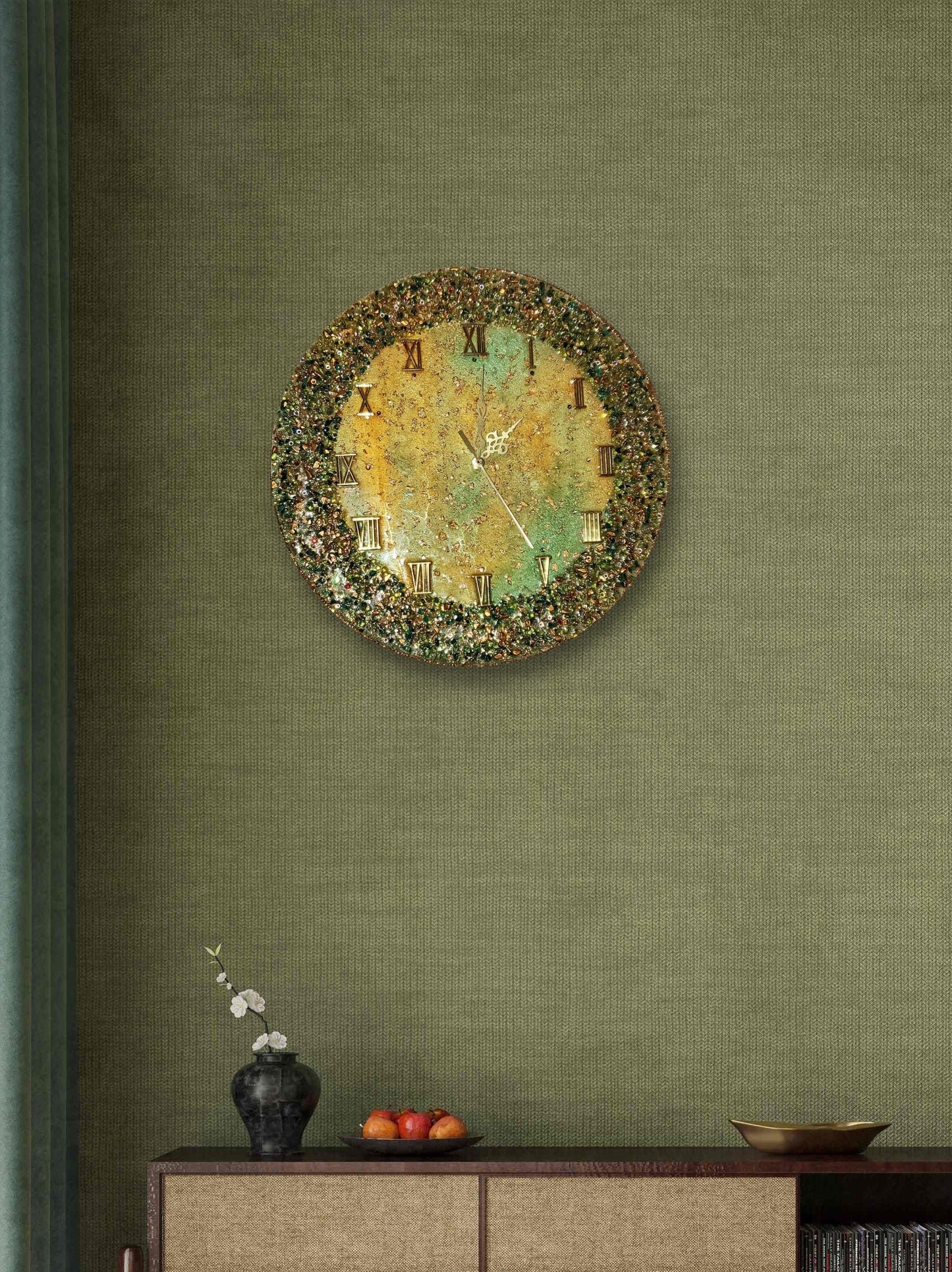 Luxury exclusive handmade wall clock with natural stones and crystals