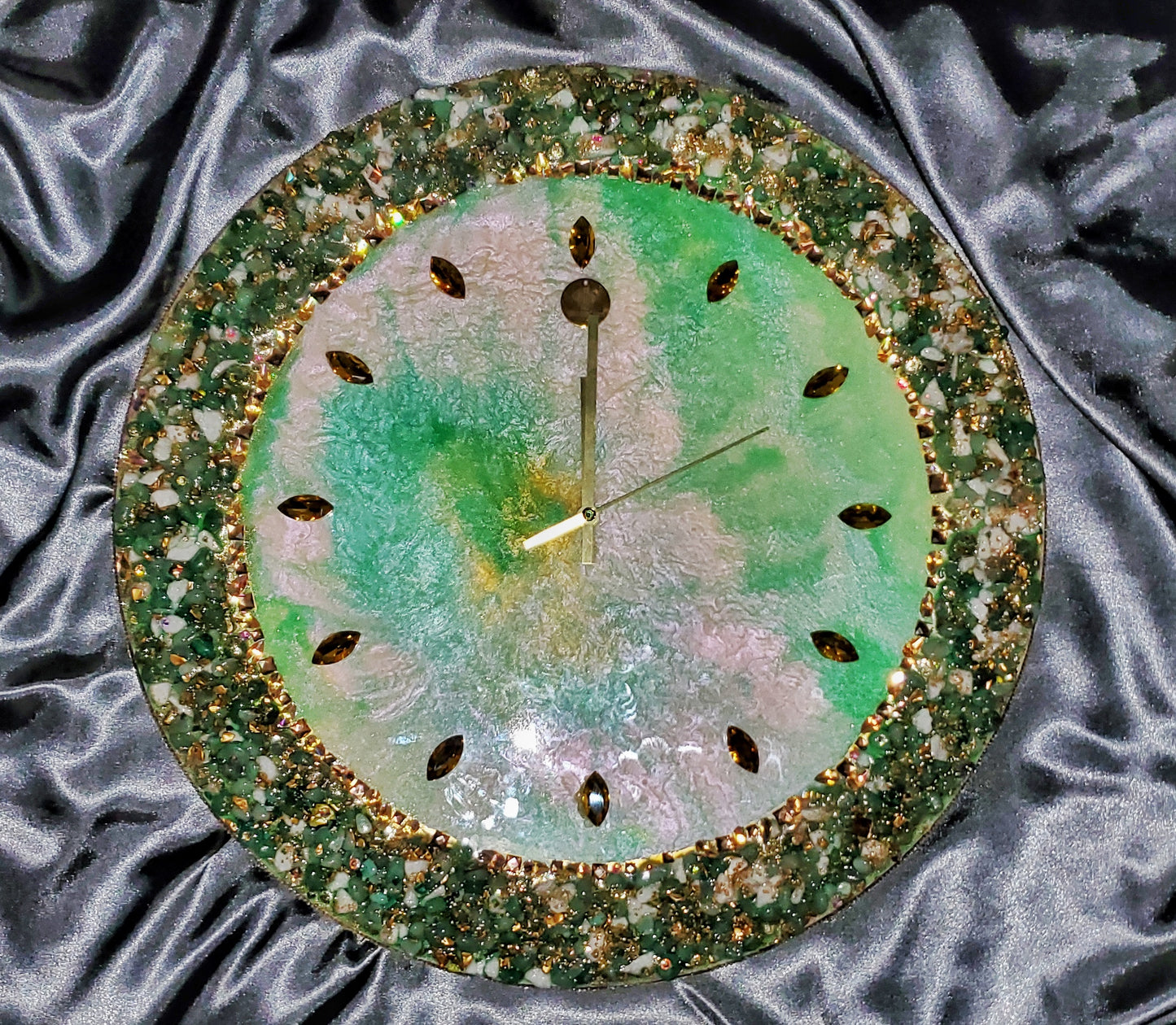 Green luxury wall clock with natural stones and crystals