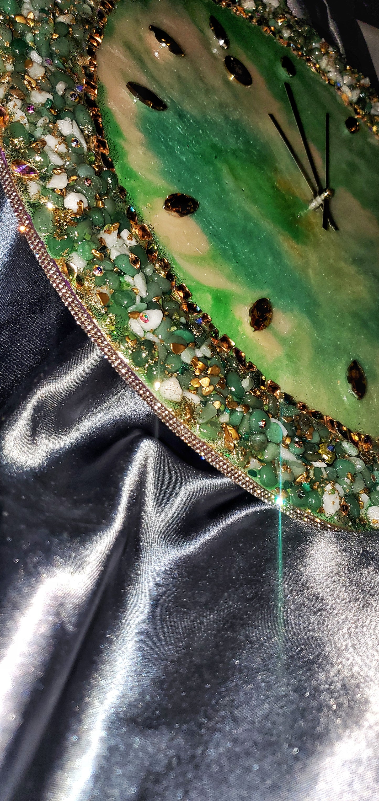 Green luxury wall clock with natural stones and crystals