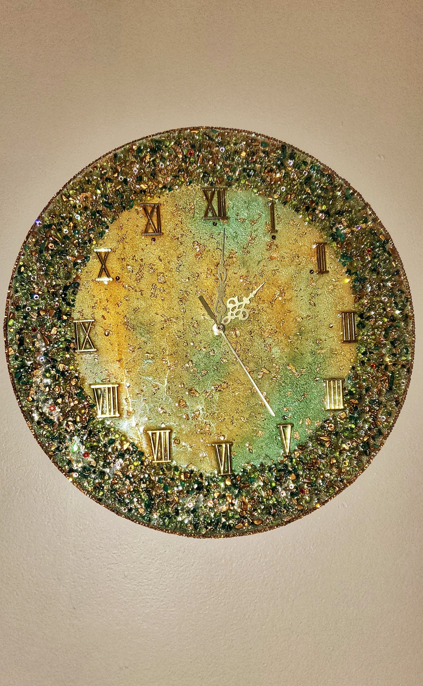 Green sparkling wall clock, luxury exclusive home decor with rhinestones and crystals