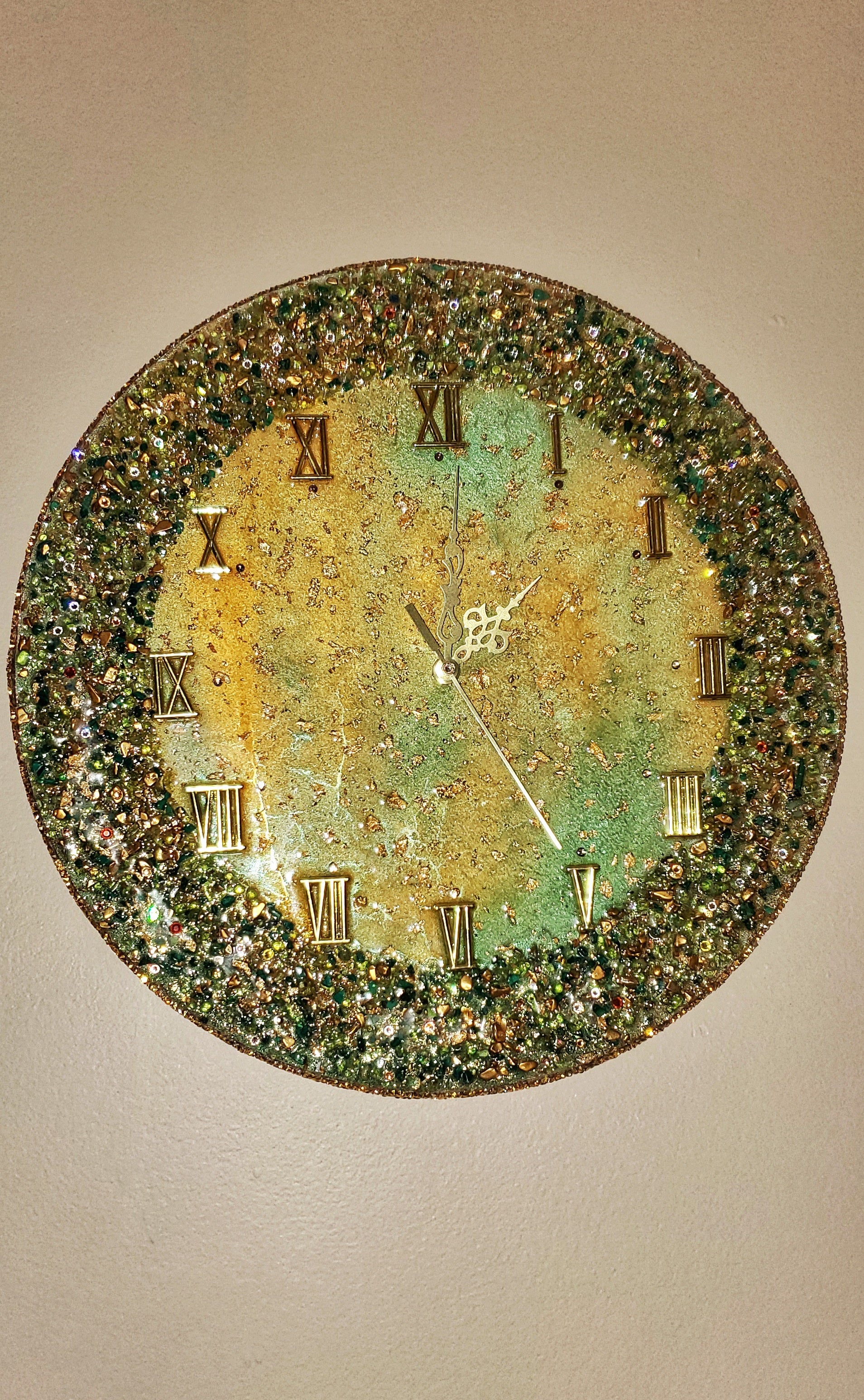 Green sparkling wall clock, luxury exclusive home decor with rhinestones and crystals