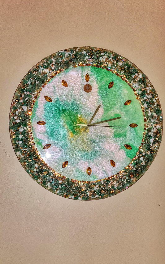 Sparkling green wall clock, luxury exclusive home decor with rhinestones and gems