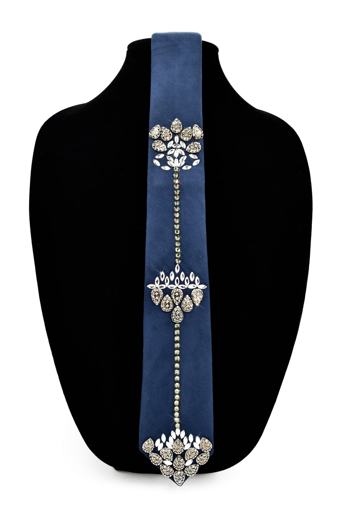 Blue suede tie with swarovski crystals, wedding tie accessory
