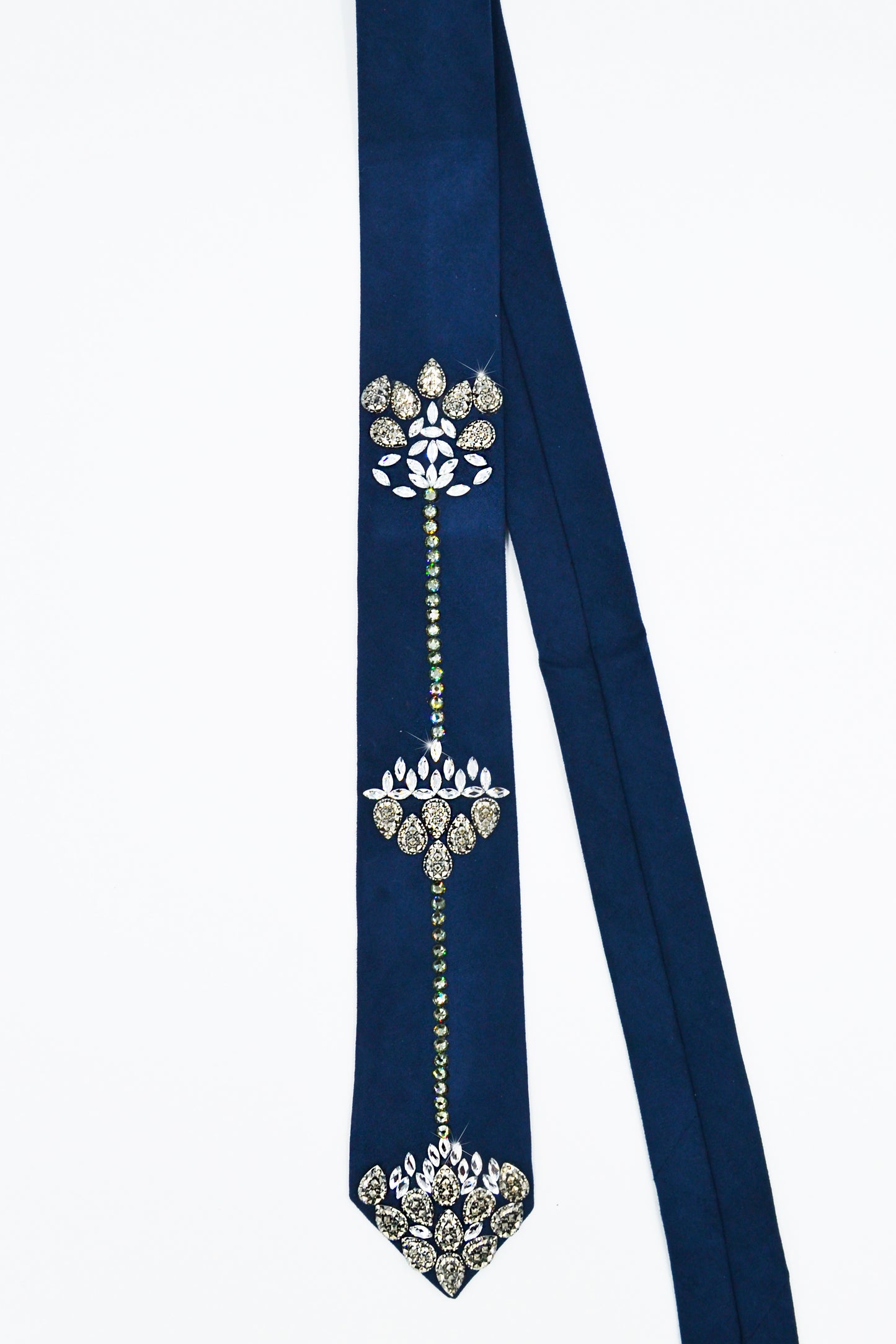 Blue suede necktie with Swarovski crystals