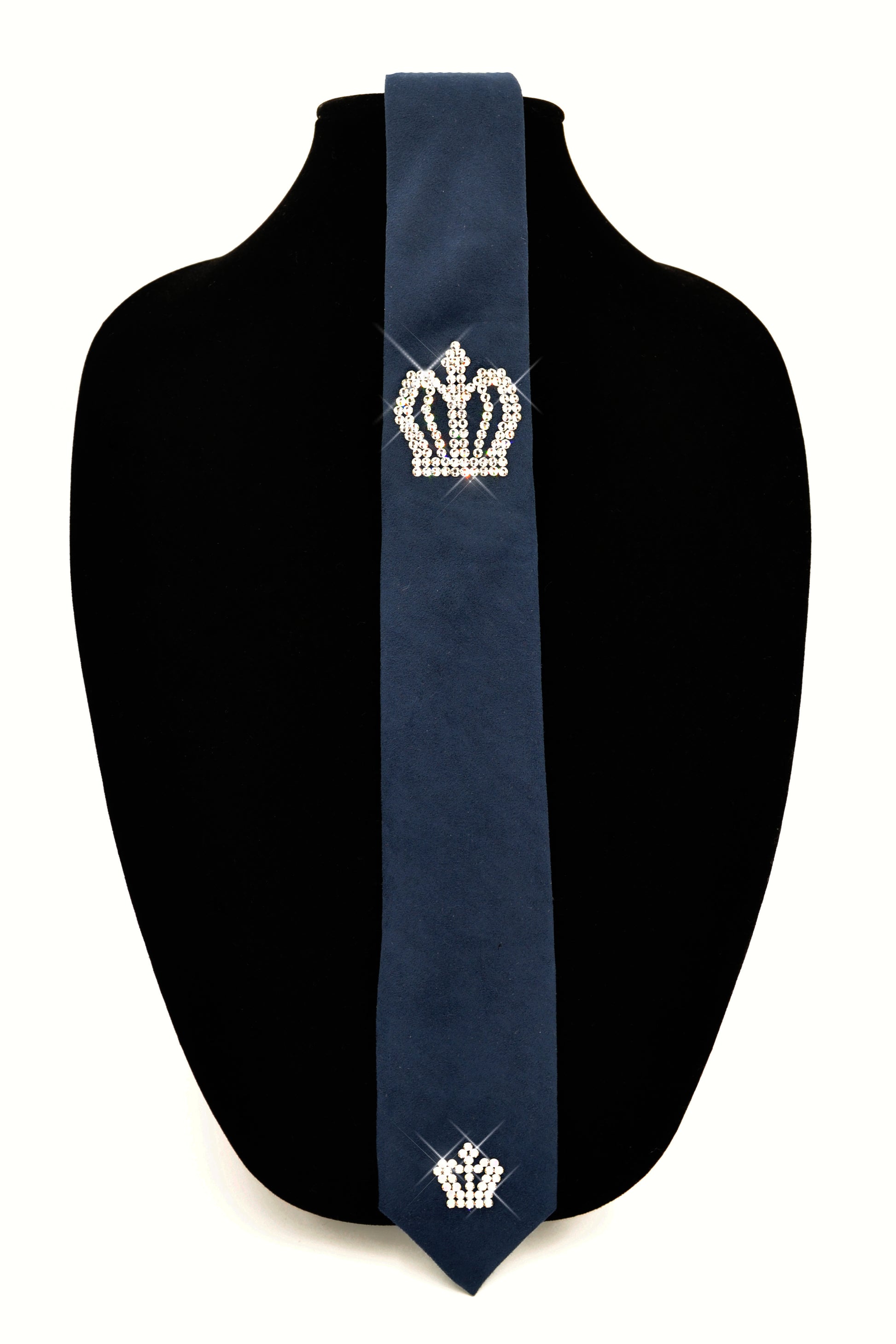 Blue suede tie with swarovski crystals, wedding tie accessory