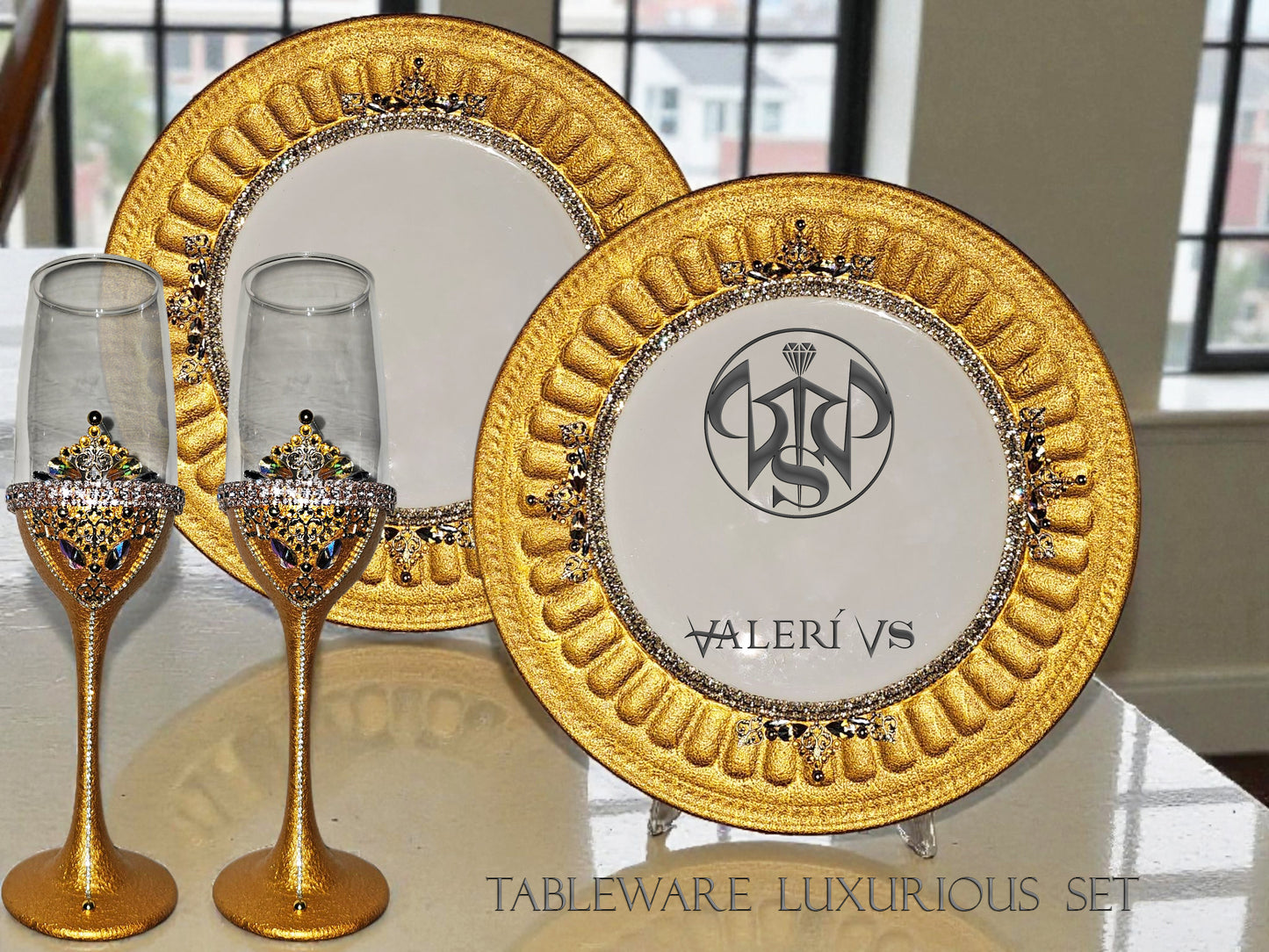 Wedding crystal tableware set of flutes and plates