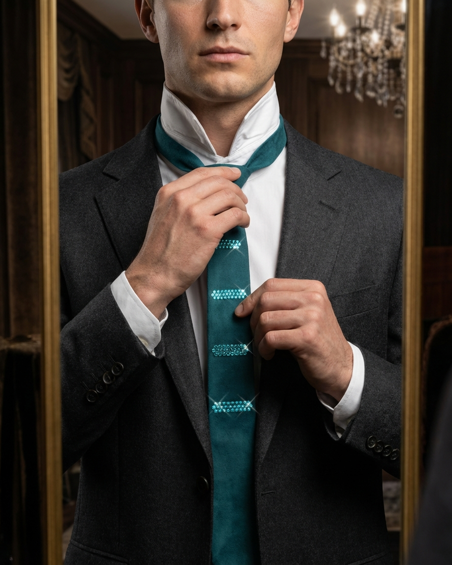 Green slim-fit suede wedding necktie with Swarovski crystals