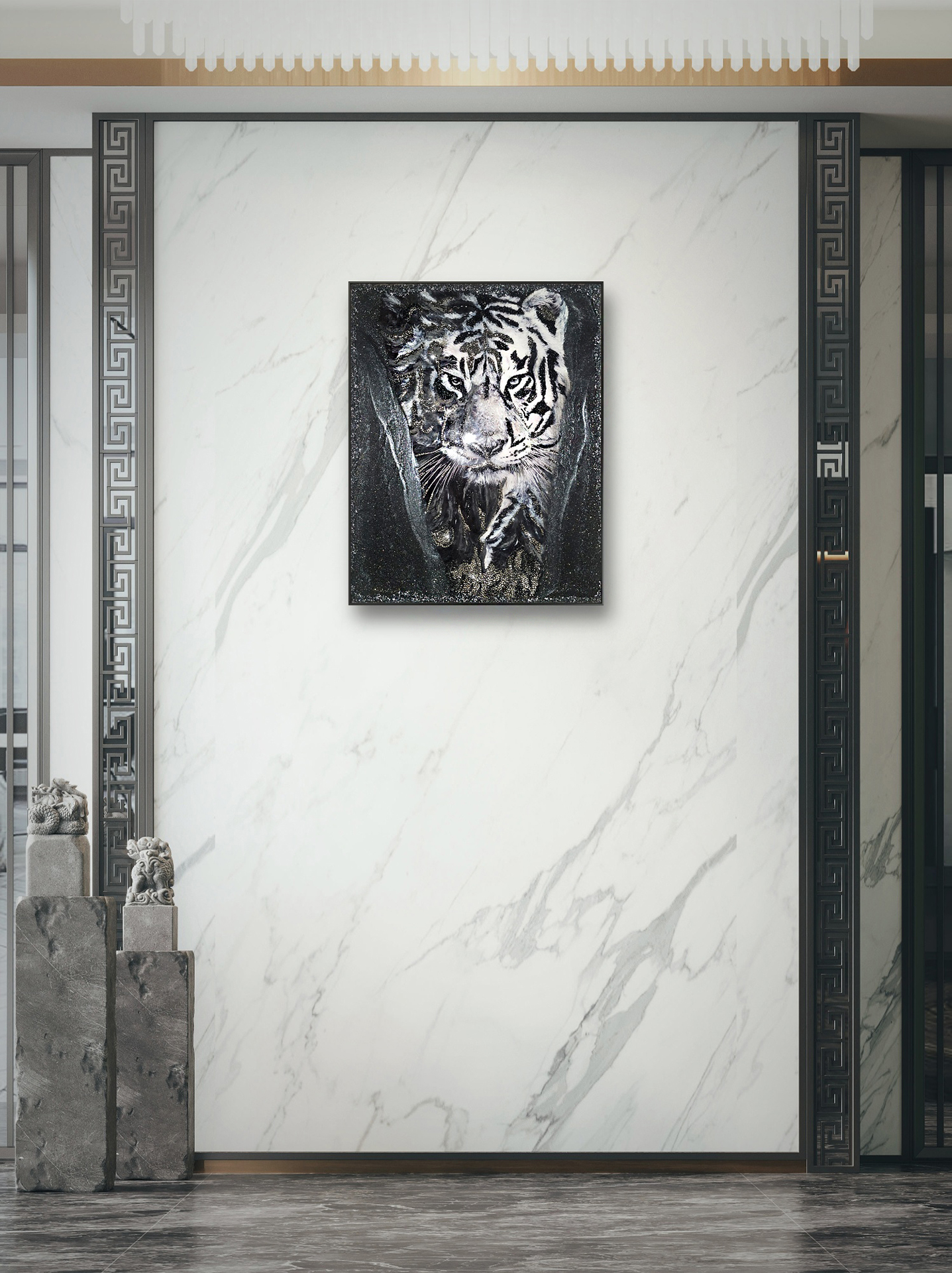 Sparkling resin artwork-white tiger